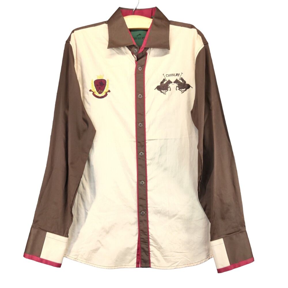 Cavalry Button Down Shirt Mens Large Long Sleeve Brown Embroidered Cotton Casual